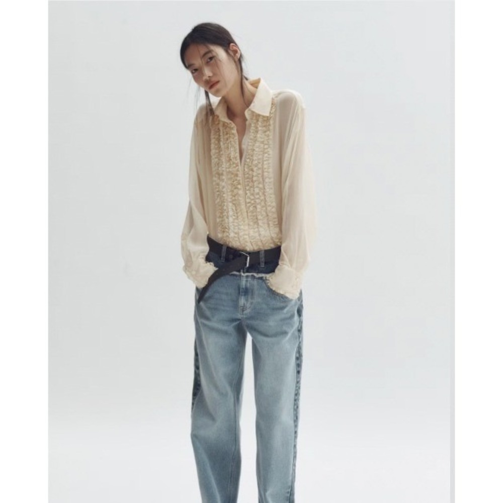 Stella McCartney H&M Silk-Blend Blouse with Ruffled Bib Top Ivory | Size Large - Picture 4 of 6